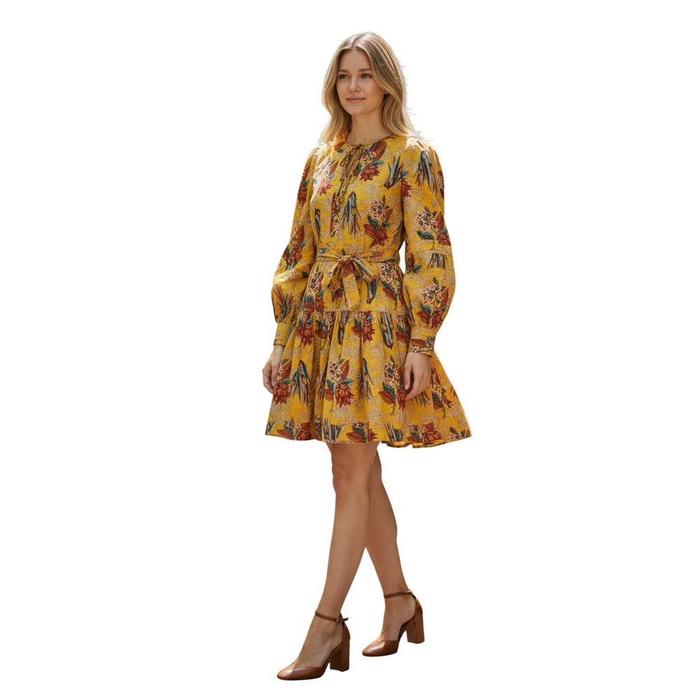 Ulla Johnson Yellow Floral 100% Cotton Tiered Mini Dress Puff‎ Sleeve NWOT 4
